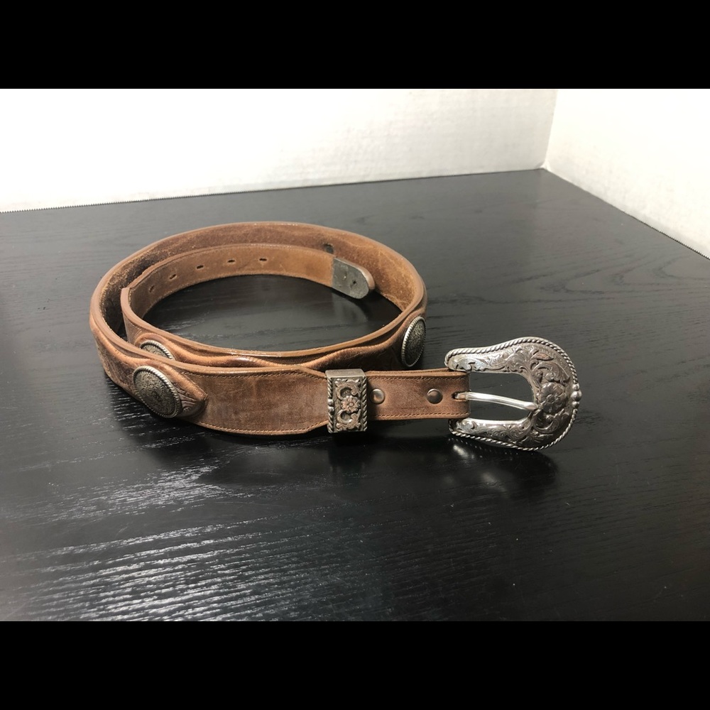 Nadim western Belt size 38 Genuine Leather Round Studs Floral Rose Embossed